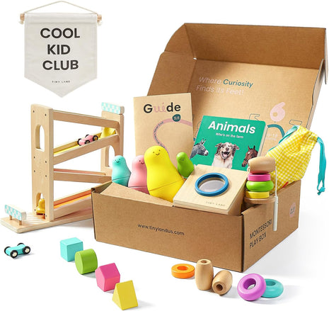 Tiny Land Montessori Baby Toy Set 16-18 Months 7 in 1 Adventure Kit | Ramp race track, shape sorting box, color matching, lacing beads, nesting dolls, animals board book, fine motor play gift