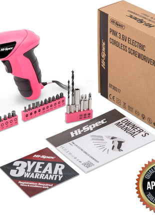 Hi-Spec Small Electric Screwdriver, Mini Drill Set, Rechargeable 3.6V Cordless Screwdriver with 26 Driver Bits, Power Tool for Small Projects & Home Use, Pink