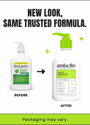 AmLactin Daily Nourish Therapeutic Body Lotion for Dry Skin - No-Scrub Exfoliator and Moisturizer 12% Lactic Acid Lotion, 14.1 oz (Packaging May Vary)