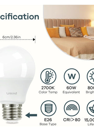 Linkind A19 LED Light Bulb, 60W Equivalent, 2700K Soft White Light Bulbs, 800 Lumens 8.5W Non-Dimmable LED Bulbs, E26 Standard Base, Energy Efficient for Bedroom Home Office, 6 Packs
