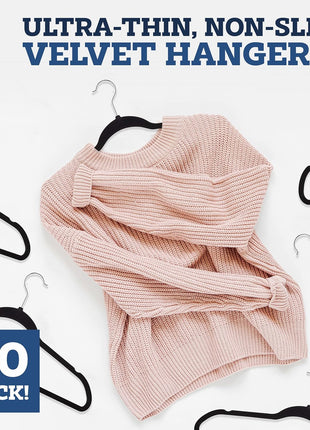 Zober Velvet Hangers 50 Pack - Black for Coats, Pants & Dress Clothes - Non Slip w/ 360 Degree Swivel, Holds up to 10 lbs - Strong Felt Hangers for Clothing