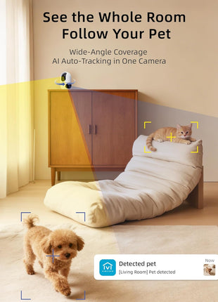 VIRTAVO Pet Camera Indoor WiFi 6, No Subscription, for Dogs Cats | Dual Band 2.4/5GHz, 360° Auto Tracking, Pet Call, Dual Lens, 2-Way Audio, Night Vision, SD & Cloud, Wired