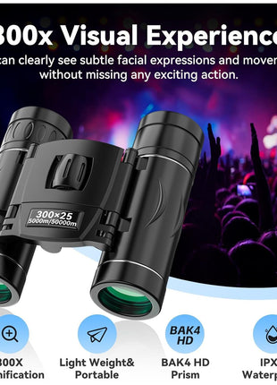 300x25 Binoculars for Adults and Kids, High Powered Mini Pocket Binoculars with Phone Adapter, Waterproof Compact Telescope for Bird Watching, Hunting, Concert, Theater, Opera, Traveling, Sightseeing
