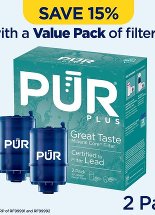 PUR PLUS Faucet Mount Replacement Filter 2-Pack, Genuine PUR Filter, 3-in-1 Powerful, Natural Mineral Filtration, Lead Removal, 6-Month Value, Blue (RF99992)