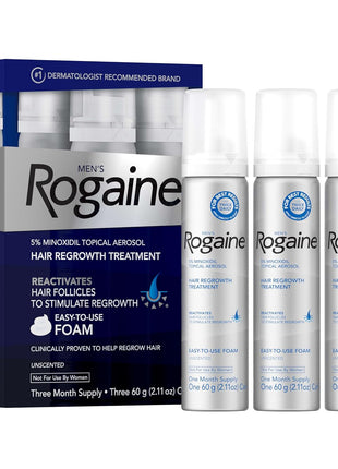 Men's Rogaine 5% Minoxidil Topical Foam, Unscented, 3 Mo Supply, 3x 2.11 Oz | Hair Regrowth Foam, Topical Hair Loss Treatment for Men, Regrow Fuller, Thicker Hair, Unscented, Aerosol, 3-Month Supply