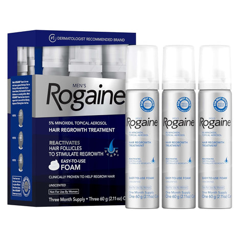 Men's Rogaine 5% Minoxidil Topical Foam, Unscented, 3 Mo Supply, 3x 2.11 Oz | Hair Regrowth Foam, Topical Hair Loss Treatment for Men, Regrow Fuller, Thicker Hair, Unscented, Aerosol, 3-Month Supply