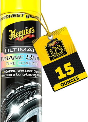 Meguiar's G190315 Ultimate Insane Shine Tire Coating, gives a Finish that Creates a Lasting Wet-Look for a Classic Black Shine, Easy to Use, No Hassle, No Mess, Ultimate Protection, 15 Oz Aerosol Can