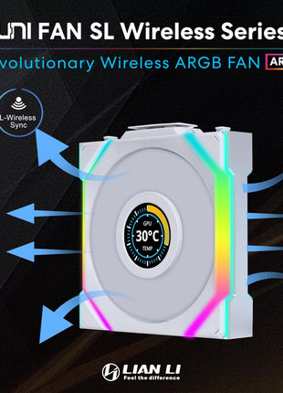 Lian Li UNI Fan SL LCD Wireless (Reverse Blade) 120mm ARGB Fan - Triple Pack - 1.6" LCD Display - 2.4 GHz Wireless Signal for RGB & Fans Control - Controller Included & Required - White(12RSLLCD1W3W)