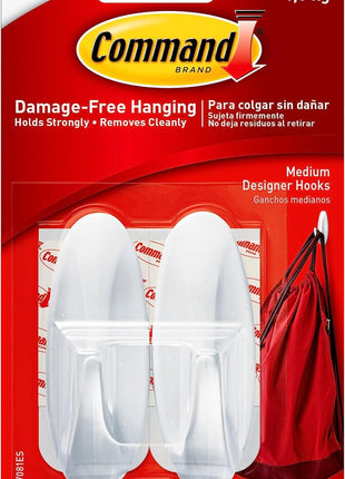Command Medium Designer Hooks, 2 Hooks and 4 Command Strips, Damage Free Hanging Wall Hooks with Adhesive Strips, No Tools Adhesive Hooks for Hanging, Organization and Storage, Holds up to 3 lb