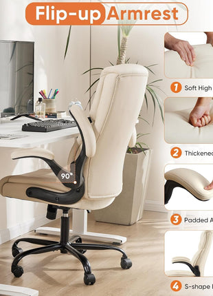 Sweetcrispy Ergonomic Computer Gaming Office Chair, Heavy Duty Task Desk Swivel Rolling Chairs with Wheels, Flip-up Arms, Adjustable Height, PU Leather, Black