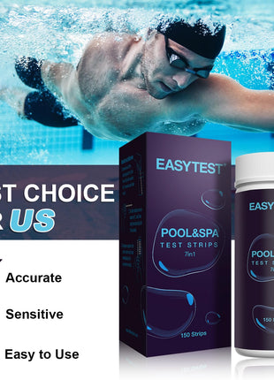 EASYTEST 7-Way Pool Test Strips, 150 Strips Water Chemical Testing for Hot tub and Spa, Accurate Test Bromine, Total Alkalinity, pH, Free Chlorine, Total Hardness, Cyanuric Acid, and Total Chlorine