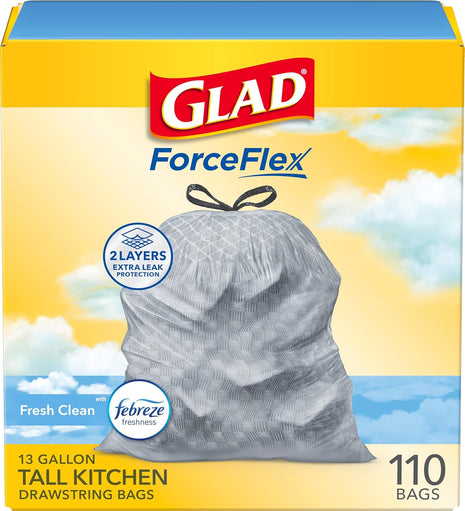 Glad Tall Kitchen Drawstring Trash Bags - Odorshield 13 Gallon White Trash Bag, Febreze Fresh Clean, 110 Count | Febreze Freshness, Rip and Tear Resistant, Fresh Clean Scented Garbage Bags, Household Essentials