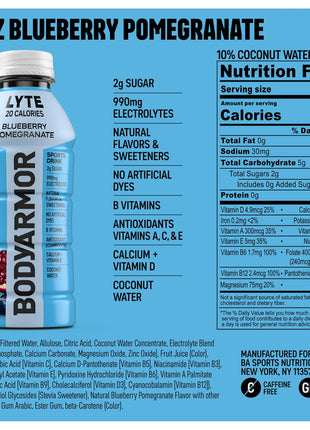 BODYARMOR LYTE Sports Drink Low-Calorie Sports Beverage, Blueberry Pomegranate, Coconut Water Hydration, Natural Flavors With Vitamins, Potassium-Packed Electrolytes, Perfect For Athletes, 16 Fl Oz (Pack of 12)