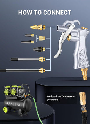 Industrial Air Blow Gun with Brass Adjustable Air Flow Nozzle Kit | Extra 2 Steel & Copper Air Extension, Brass 1/4" Standard Quick Connector, Air Compressor Accessory Tool for Dust Cleaning