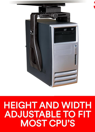 3M Under-Desk Computer Tower CPU Holder, Width Adjust from 3.5 inch to 9.3 inch, Height Adjust from 12.5 inch to 22.5 inch to Fit Most CPU's up to 50 lbs, 3600 Swivel, Steel Construction, 17 inch Track, Black, (CS200MB)