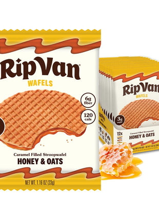 Rip Van Wafels Honey and Oats Stroopwafels, Healthy Snacks, Non-GMO, Keto Friendly, Office Snacks, Low Sugar (3g), Low Calorie, 12 Pack