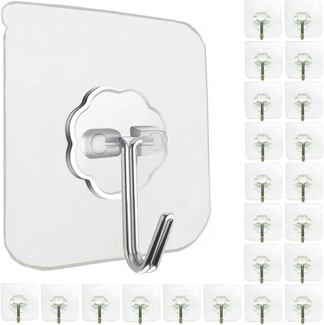 24 Pack Self Adhesive Hooks Heavy Duty - 33lb Max, Transparent, Waterproof, Sticky Wall Hooks for Keys, Bathroom, Shower, Outdoor, Kitchen, Door, Home Improvement, Utility Hooks