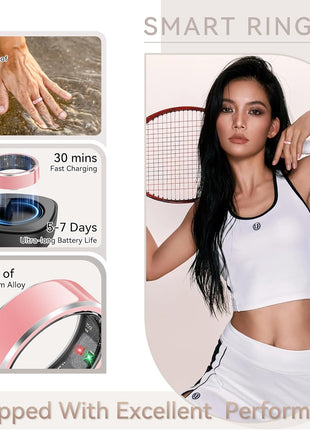 Smart Ring for Women, Fitness & Activity Tracker with Blood Pressure/Heart Rate Monitor, Sleep Tracker, Step Counter, IP68 Waterproof Ring for iOS & Android, Fast Charge, No Subscription (Pink,Size9)