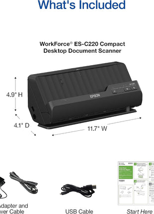 Epson Workforce ES-C220 Compact Document Scanner Duplex 20-pg ADF | 20-Page Auto Document Feeder 30 ppm/60 ipm Speed Portable Scanner for PC and Mac