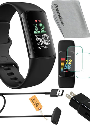 Fitbit Charge 6 Fitness Tracker Watch (Black) Bundle with 2 Watch Bands, 3.3foot Charge Cable, Wall Adapter, Screen Shields & Cloth Compatible with Fitbit
