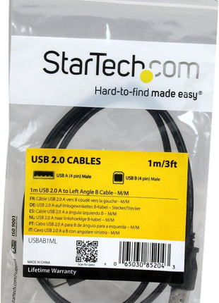 StarTech.com 1m USB 2.0 A to Left Angle B Cable Cord - 1 m USB Printer Cable - Left Angle USB B Cable - 1x USB A (M), 1x USB B (M) (USBAB1ML),Black