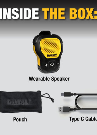 DEWALT Wearable Bluetooth Speaker (Updated Version), Clip-On Wireless Jobsite Pro Water-Resistant Portable Speaker (Non-Magnetic), Built-in Mic for Hands-Free Music/Calls, Bluetooth Speaker (Yellow)