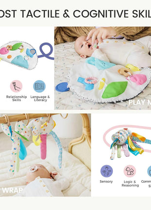 Tiny Land Montessori Baby Toy Set 0-3 Months 5 in 1 Sensory Kit | Mirror, black and white cards, rolling bell, play mat, bed wrap, tummy time, visual and auditory play, newborn gift