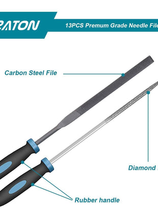 LIBRATON Small File Set, Needle Diamond Files 13PCS, 6pcs Jewlers & 6 Steel for Precision Metal Work, Wood, Woodworking, Plastic Carving Tool with Brush and Carry Case