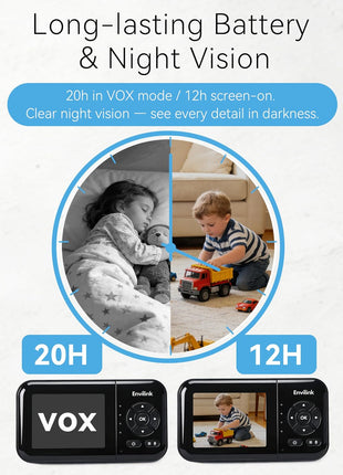 1080P High Definition Baby Monitor, Baby Monitor with Camera and Audio, Long Lasting Battery Monitor wtih Night Vision, 2-Way Talk, VOX, 5 Lullabies, 1200ft Long Range for Indoor Home Use