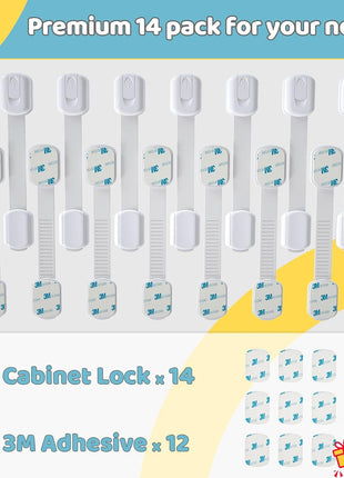 4our Kiddies 14 Pack Baby Proof Cabinet Latches, Childproof Drawer Latches with 12 Extra 3M Adhesives, Adjustable No Drilling Child Safety Cabinet Locks Straps Baby Drawer Locks for Kids Baby Safety