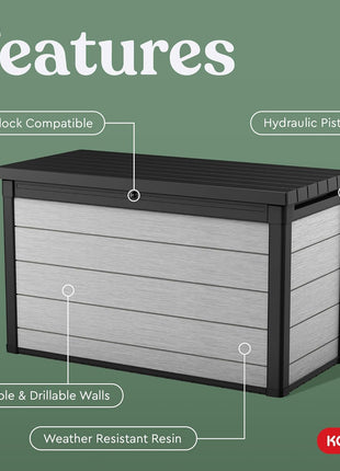 Keter Denali 200 Gallon Resin Large Deck Box with Double Wall 20mm Panels - Paintable and Drillable-Organization and Storage for Patio Furniture and Outdoor Items, Grey & Black