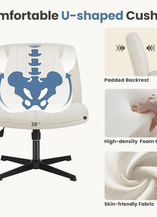 DUMOS Criss Cross Chair Legged Office Wide Comfy Desk Seat, No Wheels Armless Computer Task Seating, Swivel Comfy Vanity Fabric Modern Home Height Adjustable