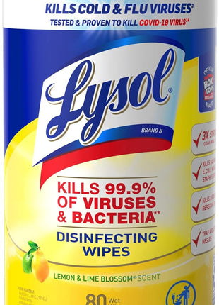Lysol Disinfecting Wipes, Multi-Surface Cleaner, Lemon, 80 ct. | All Purpose Cleaner, Sanitizing, Deodorizing, Apartment Essentials, Back To School Cleaning Supplies, Kitchen & Bathroom Wipe