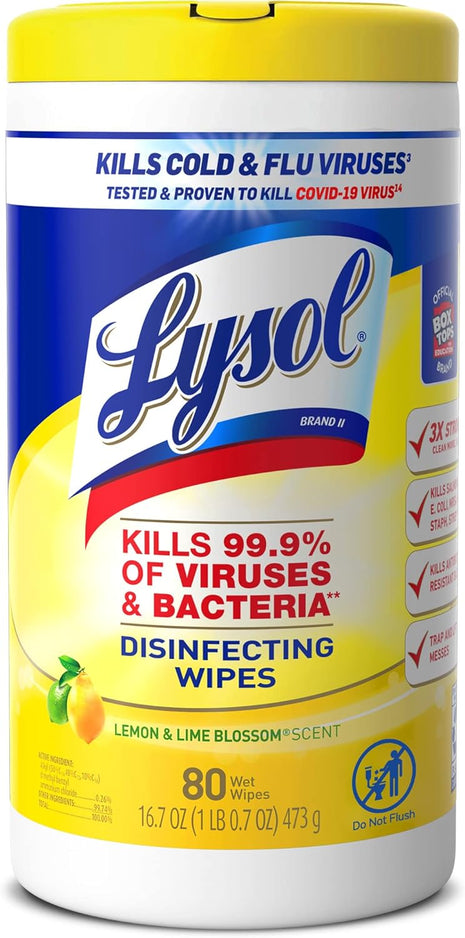 Lysol Disinfecting Wipes, Multi-Surface Cleaner, Lemon, 80 ct. | All Purpose Cleaner, Sanitizing, Deodorizing, Apartment Essentials, Back To School Cleaning Supplies, Kitchen & Bathroom Wipe