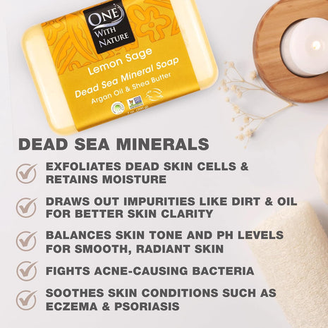 One With Nature Dead Sea Salt Lemon Sage Soap 7oz 3-Pack – Purifying and Exfoliating Soap Bar with Dead Sea Minerals for Face & Body, for Men & Women