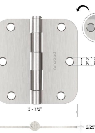 Door Hinges Brushed Nickel - 3 Pack Satin Nickel 3.5 Inch Rounded Interior Door Hinges with 5/8" Radius - Flat Iron Residential Standard 3 1/2 Inches Silver Door Hardware
