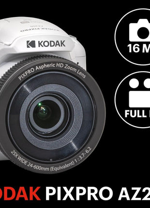 KODAK PIXPRO AZ255 16MP Digital Camera, 25x Optical Zoom, AA, OIS, White | 1080p Full HD Video, 24mm Wide Angle Lens, 3 Inch LCD, Bridge Camera, Wildlife and Travel Photography, SD Card