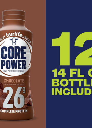 Core Power Protein Shake, Chocolate, 26g Bottle, 14oz, 12 Pack