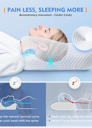 Cervical Pillow for Neck Pain Relief, Hollow Design Odorless Memory Foam Pillows with Cooling Case, Adjustable Orthopedic Bed Pillow for Sleeping, Support for Side Back Sleepers