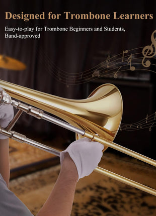 Eastar Bb Tenor Slide Trombone for Beginners Students, B Flat Brass Plated Trombone Instrument with Mouthpiece, White Gloves, Cleaning Kit, ETB-330, Golden