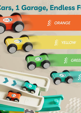 TOP BRIGHT Wooden Car Ramp Track with Cars, Montessori Toy for Toddlers 1-3 | Wooden Race Track Set Includes Cars & Garage, Montessori Learning Toy for Ages 18+ Months, Suitable for Boys & Girls