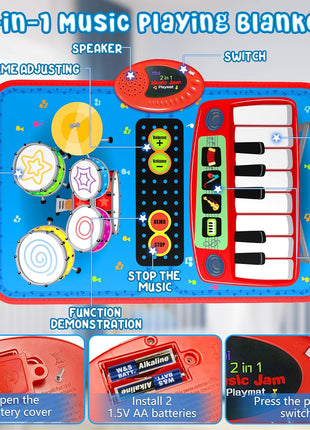 2-in-1 Musical Mat Toys for 1 2 3 4 5 Year Old, Piano Keyboard & Drum Set with 2 Drum Sticks, Early Educational Musical Learning Toys Birthday for 1 2 3 4 5 Year Old Boys & Girls, Blue