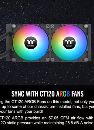 Thermaltake TH240 ARGB Sync V2 CPU Liquid Cooler/AlO Liquid Cooling/Fan 120mm*2/PWM 500~2000 RPM/Mirror Waterblock/MB ARGB Sync Control, CL-W361-PL12SW-A , Black