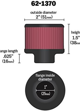 K&N Vent Air Filter/Breather: High Performance, Premium, Washable, Replacement Engine Filter: Flange Diameter: 1 In, Filter Height: 1.5 In, Flange Length: 0.625 In, Shape: Breather, 62-1370