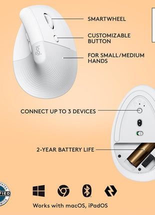 Logitech Lift Vertical Ergonomic Wireless Mouse - Off White | Connect via Bluetooth or included Logi Bolt USB-A receiver, quiet clicks, 4 of 6 buttons customizable, Windows Mac compatible