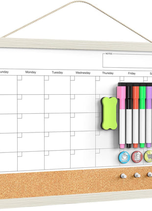 Calendar Whiteboard for Wall, TANKEE 17x13 Inches Whiteboard Calendar Cork Board Combo, Small Magnetic White Board with Wood Framed, Hanging Dry Erase Board for Kitchen Home Office School Planner
