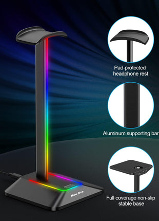 New Bee Headphone Stand with RGB Lighting, Sturdy Aluminum Gaming Headset Holder with USB-C & USB Charging Ports, Stable Desktop Earphone Stand for All Headphones Size, Black