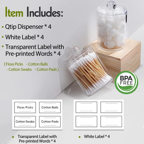 4 Pack Acrylic Qtip Holder Dispenser for Cotton Swabs, Balls, Pads, Floss Picks  Small Clear Plastic Canister Apothecary Jar Set, Bathroom Essentials Accessories Decor, Vanity Makeup Storage Organizer