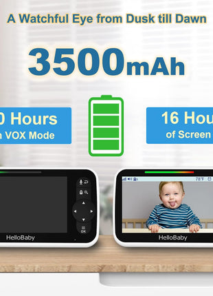 HelloBaby 5 Inch Video Baby Monitor with Camera and Audio, Remote Pan-Tilt-Zoom Camera with Night Vision, 2-Way Talk, Temperature, 8 Lullabies and 1000ft Range Baby Monitor No WiFi Needed