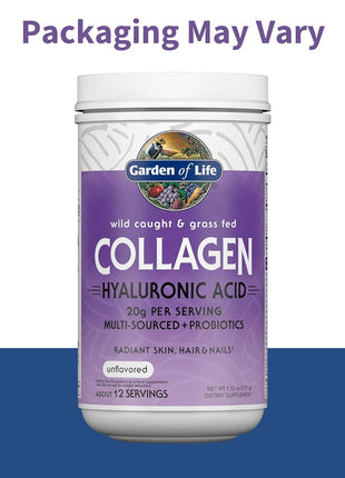 Garden of Life Marine & Grass-Fed Collagen Peptides Powder Supplement (Type I, III) with Probiotics, BCAAs & Hyaluronic Acid for Radiant Hair, Skin & Nails – Unflavored, 20g per serving, 12 Servings